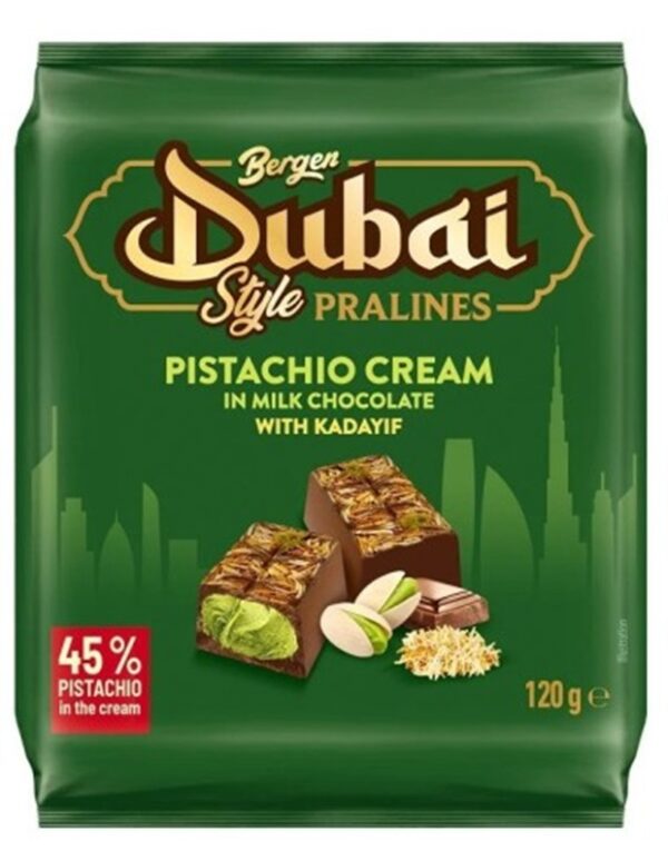 Bergen Dubai style Pralines 45% Pistachio Cream with Kadayif 120g X 17
