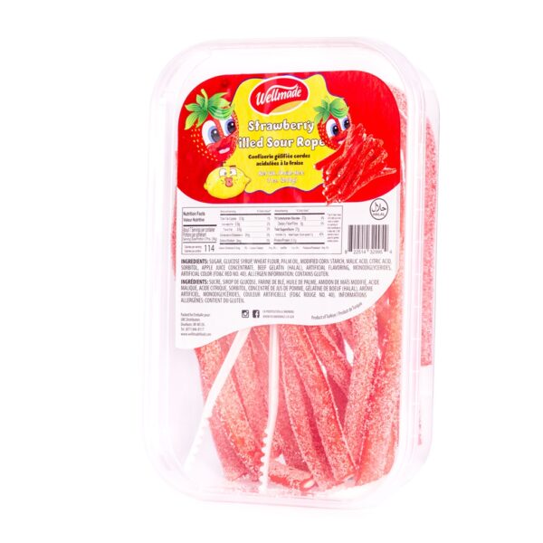 Wellmade SOUR Gummy Strawberry Ropes 200g Flat Tubs